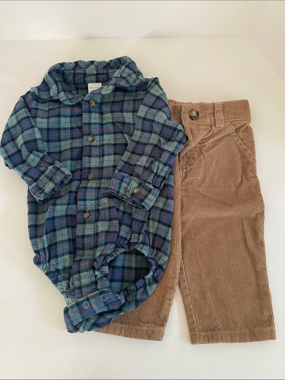 Carter's Baby 6M Blue and Navy Plaid Button-Front Bodysuit with Tan Cords